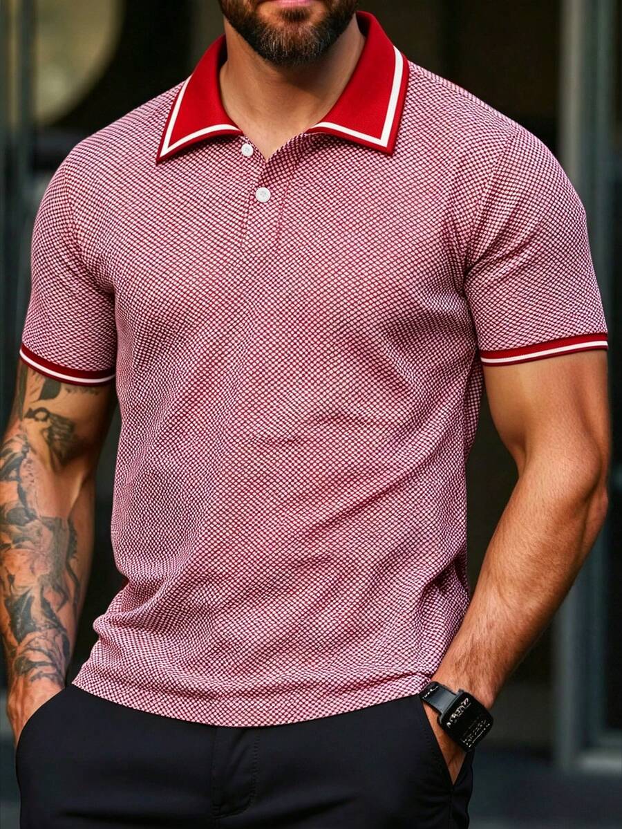 Manfinity Homme Kemeja Polo Pria Ukuran Besar dengan Motif Geometris dan Trim Kontras, Lengan Pendek, dan Kancing - Merah - View 1
