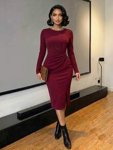 SHEIN Lady Burgundy Wine Red Ruched High Neck Long Sleeve Bodycon Midi Dress Front Slit Twist Stretchy Elegant Date Night Engagement Cocktail Fall Winter Dress - Burgundy - View 3