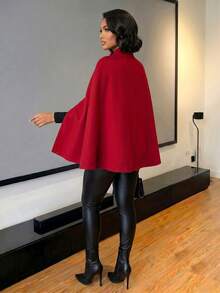 SHEIN Lady 女士休闲宽松斗篷式羊毛混纺大衣，简约商务秋冬女装 - 紅色 - 查看 2