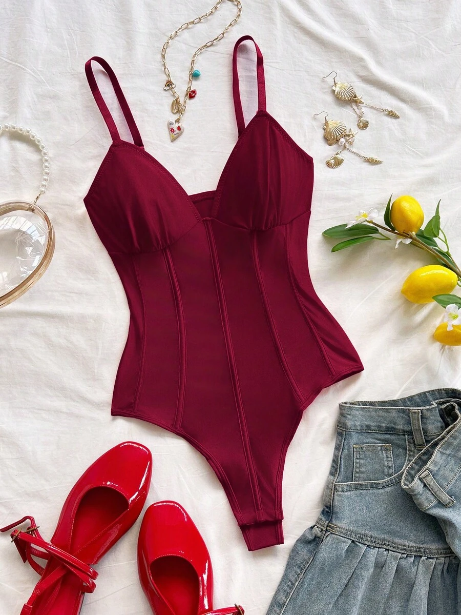 Soleia Women's Minimalist Solid Color Fishbone Camisole, Suitable For Beach And Resort Vacation In Summer No Chest Padding - Burgundy - View 1