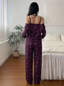 DAZY 3-Piece Bow Pattern All-Over Print Cardigan, Camisole And Long Pants Women's Pajama Set - Purple - View 2