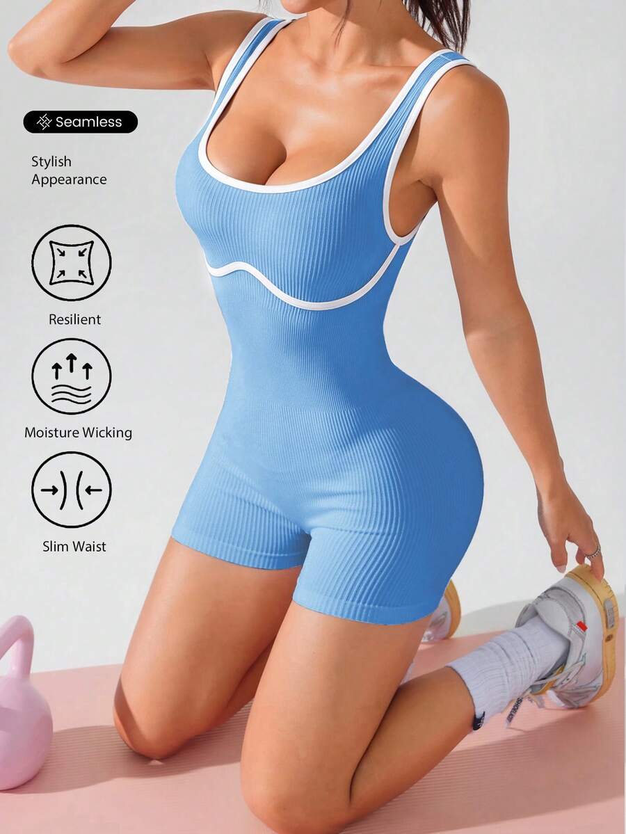 Solea Cove 女款細肩帶露背蜜桃臀皮拉提斯健身連身衣，空中瑜伽連身衣，新款 - 淺藍色 - 查看 1