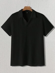 Manfinity RebelGame 男士休閒羅紋短袖 Polo 衫與短褲套裝，適合夏季、舒適穿搭、度假、父親節禮物、足球 - 黑色 - 查看 5