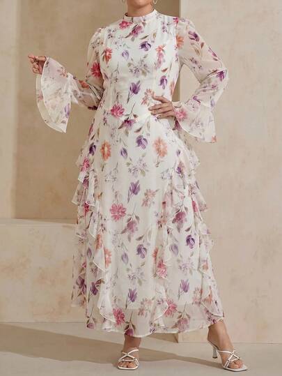 Graceveil Plus Size Elegant Party Floral Print Bell Sleeve Ruffle Hem Dress