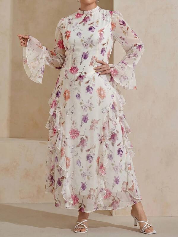 Graceveil Plus Size Elegant Party Floral Print Bell Sleeve Ruffle Hem Dress