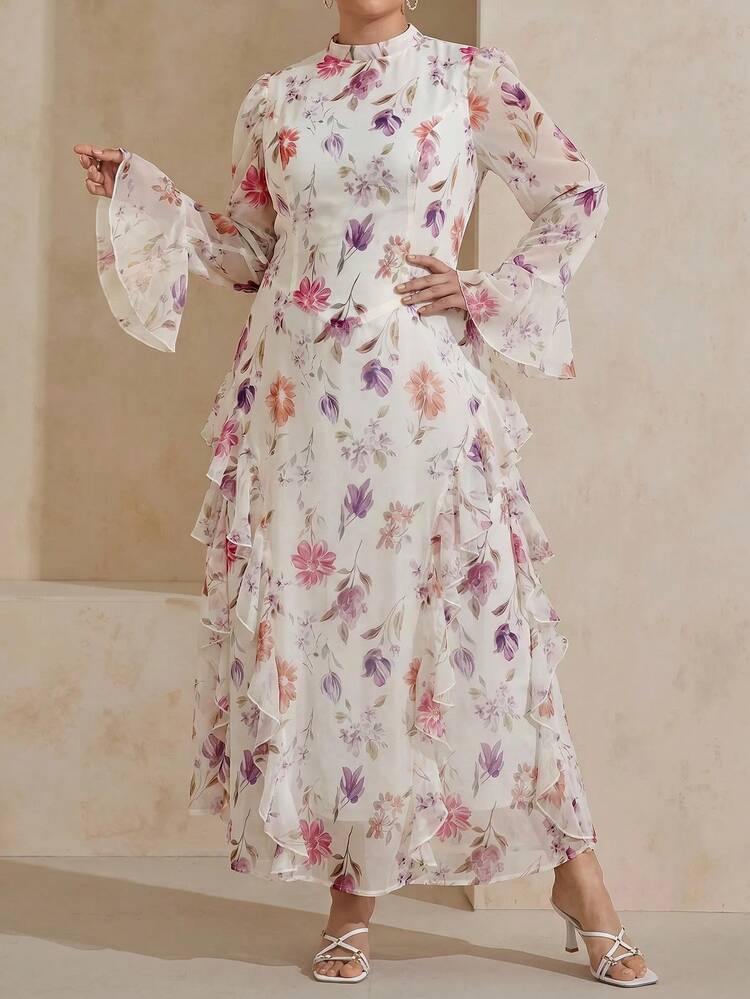 bell sleeve holiday dress Graceveil Plus Size Elegant Party Evening Wedding Guest Floral Print Ruffle Hem Autumn White Fall _alt_gisele_mini_dress