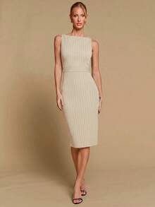 COSMINA Women's Elegant Striped Cinched Waist Mid-Length Dress, Versatile For Office, Commute And Everyday Wear, All Season - Apricot - View 2