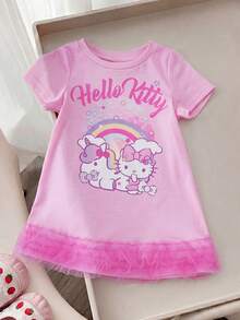 HELLO KITTY AND FRIENDS | SHEIN 女嬰圓領字母卡通印花休閒日常穿著洋裝 - 粉色 - 查看 3