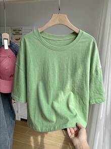 Comfortcana Solid Color Dropped Shoulder Short Sleeve Crew Neck Plus Size T-Shirt Formal Holiday Light Green Summer Casual Office Club - Green - View 4