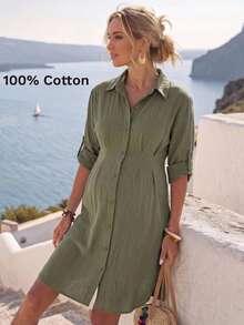 SHEIN Green Long-Sleeved Shirt Dress For Pregnant Women Single-Breasted Pleated Casual Business Teachers' Day Autumn Fall Maternity Photoshoot - Army Green - View 9