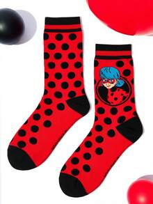 Miraculous Ladybug X SHEIN 2雙女款中筒襪，柔軟透氣吸濕休閒女款中筒襪，時尚可愛卡通圖案 - 混色 - 查看 5