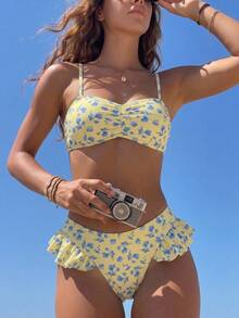 SHEIN Swim 女款花卉印花坦基尼泳裝套裝 - 淡黃色 - 查看 5