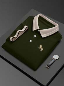 Calvornis Men's Ribbed Collar Embroidered Short Sleeve Casual Polo Shirt - Army Green - View 2