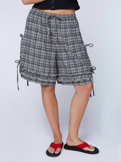 COUREZ Calções de Verão Xadrez de Cintura Baixa com Atacador Lateral/Y2K, Roupa Casual de Verão para Mulher, Calções de Verão para Sair e para Festivais
