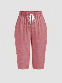 SHEIN LUNE CURVE Pantalones largos de mujer talla grande de algodón y lino a rayas, casuales y cómodos, básicos para primavera/verano, de uso diario, vacaciones y playa, con decoración de botones, pantalones capri para mujer - Rojo - Ver 4