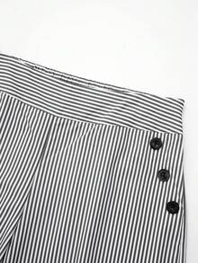 GlowEve CURVE Plus Size Women's Grey Striped Fabric Wide Waistband Slant Pocket Black Resin Button Decor Straight Leg Wide Leg Vacation Style Long Pants Fall - Grey - View 5