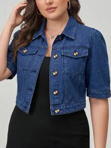 EMERY ROSE Plus Size Women's Cropped Button Puff Sleeve Denim Jacket - Blue - View 6