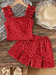 SHEIN Sparklyn Conjunto de 2 piezas para niña preadolescente con top de tirantes bordado de moda y shorts fruncidos para vacaciones - Rojo - Ver 6