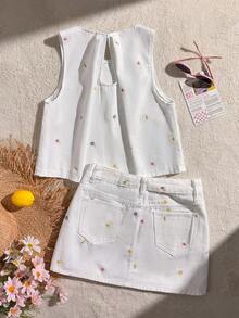 Soleia 女款白色花卉刺繡無袖背心與牛仔裙兩件套 - 白色 - 查看 3