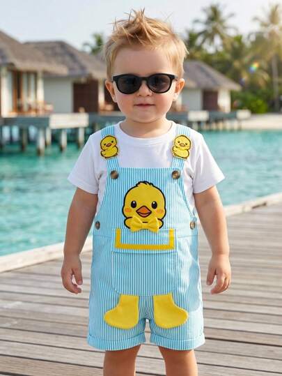 SHEIN Playful Pals 男嬰夏季百搭可愛俏皮圓領短袖上衣鴨子圖案吊帶褲套裝