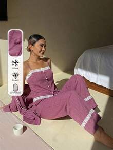 DAZY 3件組度假風紋理波點布料女款睡衣套裝 - 藕粉色 - 查看 4
