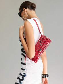 Viva Strut Ladies Bag, Hot Girl, Sweet Cool Girl, Y2Y, Punk, Rivet Decoration, Gas Eye Decoration, Red, Shoulder Square Bag, Zipper Opening And Closing, Suitable For Daily Commuting, Shopping, Travel - Red - View 7