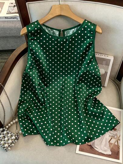 GlowEve CURVE Plus Size Women's Best-Selling Elegant Round Neck Black & White Polka Dot Contrast Color Tank Top Blouse, Satin Glossy Fabric Design, Slimming Fit Top, Suitable For Daily Commute, Formal Occasions, And Casual Outings