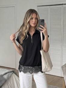 Easowa With Half-Zip Placket, Wide Shoulders, Lace Patchwork, Traceable Cotton Fabric, Casual Relaxed Elegant Commuter Vacation Spring Summer Office Black - Black - View 2