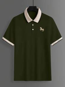 Calvornis Men's Ribbed Collar Embroidered Short Sleeve Casual Polo Shirt - Army Green - View 5