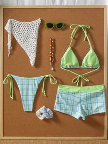 Swim Mod Women's Spring/Summer New Polka Dot Print Bow Decor V-Neck Halter Backless Triangle Bikini Top Tie-String Triangle Bottom Bikini Set 3pcs - Multicolor - View 5