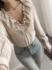 Livesso Women's Elegant Solid Color Lace Trim Ruffle Blouse Vacation - Apricot - View 5