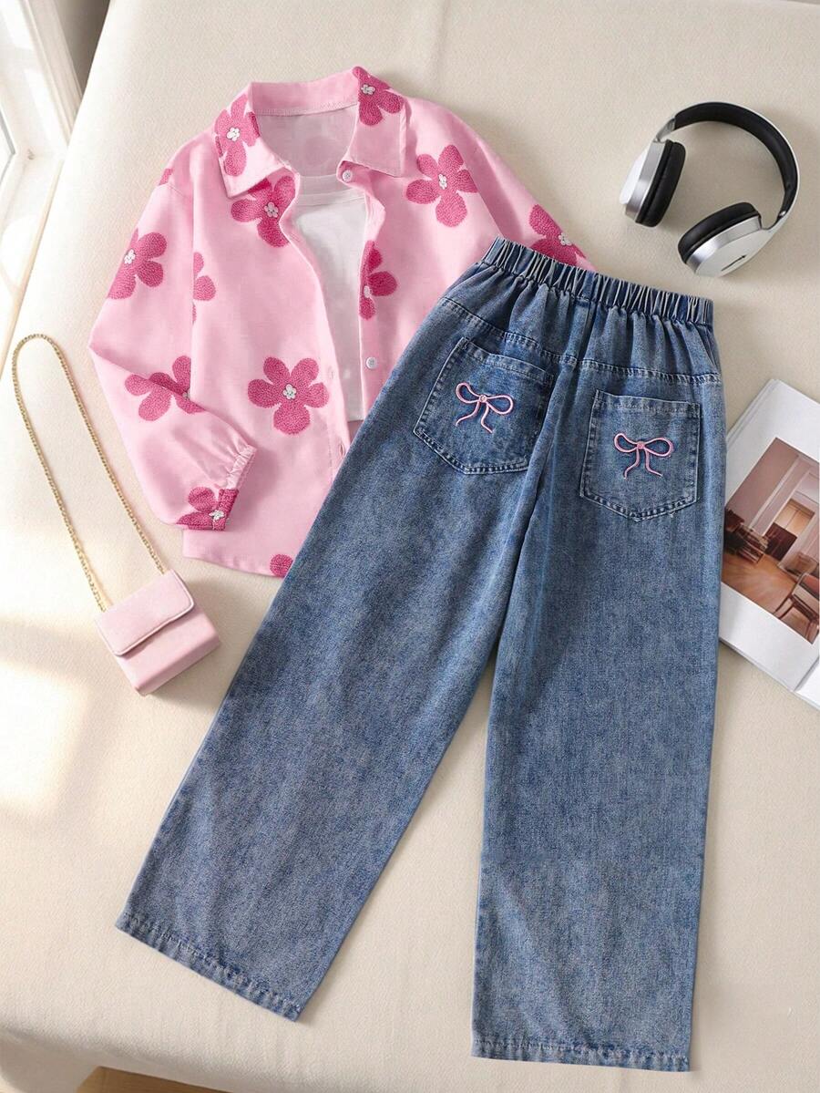 SHEIN 3件組女孩粉色長袖上衣與寬鬆淺藍色刺繡牛仔褲,甜美休閒套裝,適合春秋日常穿著 - 彩色 - 查看 1