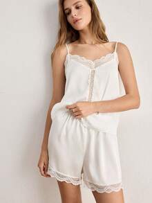 Ocili Conjunto de pijama de camisola & shorts con patchwork de encaje de unicolor para mujer - Blanco - Ver 7