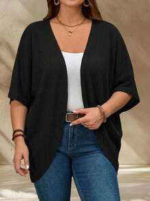EMERY ROSE Plus Size Women Solid Color Batwing Sleeve Open Front Jacket - Black - View 4