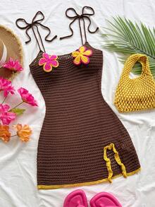 Soleia Women's Floral Applique Twist Bodycon Boho Camisole Sweater Dress Beach Brown And Yellow Autumn - Khaki - View 1