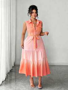 Elenzga Plus Size Women's Elegant Vintage French Style Yellow Gradient Sleeveless A-Line Maxi Dress, Suitable For Summer, Back To School, Vacation, Graduation, Holiday, Valentine's Day, Christmas, Music Festival, Mother's Day, Halloween, Thanksgiving, Easter, National Day, Prom, Birthday, Date Party, Wedding Season, Outing And More - Orange - View 6