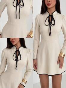 Firerie New Chinese Style Stand-Up Collar Tie-Up Hollowed-Out Dress With Contrasting Trim, Slimming Mini Dress - Khaki - View 6