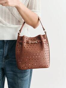 SHECARRY WOMEN'S FASHION BROWN HANDBAG, EXQUISITE BUCKLE, HOLLOW CRAFT BUCKET BAG, SUITABLE FOR DAILY, COMMUTING, SHOPPING, VACATION, TRAVEL - Brown - View 8