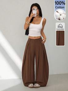 SHEIN PETITE 女款純色時尚寬鬆休閒長褲 - 棕色 - 查看 4