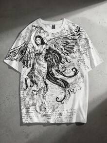 ROMWE MEN Goth Men's Printed Loose Fit Short Sleeve T-Shirt - White - View 1