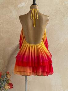 Soleia Women's Casual Boho Vacation Sunset Gradient Print Mini Dress, Beach, Cruise, Road Trip, City, Holiday, Date, Afternoon Tea, Bohemian, Red Orange - Burnt Orange - View 2