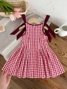 SHEIN LMoss Kids 女婴格子圆领蝴蝶结装饰休闲吊带裙 - 彩色 - 查看 2