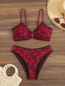 Swim Chiccia Women's Colorblock Spaghetti Strap Backless Tie-Up Textured Fabric Underwire Contrast Trim Bikini, Elegant Summer Beach Casual Vacation Swimwear - Burgundy - View 2