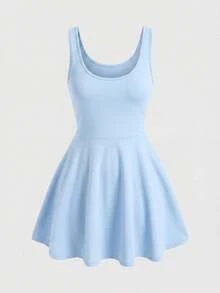 SHEIN Girlism 青少年女孩春夏新款淺藍色針織高彈性無袖方領露背吊帶裙，內建內搭褲防走光，運動瑜伽休閒運動裙 - 淺藍色 - 查看 2