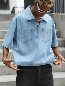 GALLERY FADE 男士街頭風休閒多口袋拉鍊套頭藍色條紋牛仔短袖襯衫 - 淺色水洗藍 - 查看 6