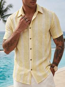 VENTUSAIL Men's Yellow Woven Striped Summer Thin Fitted Casual Vacation Short Sleeve Shirt, Holiday - Yellow - View 7