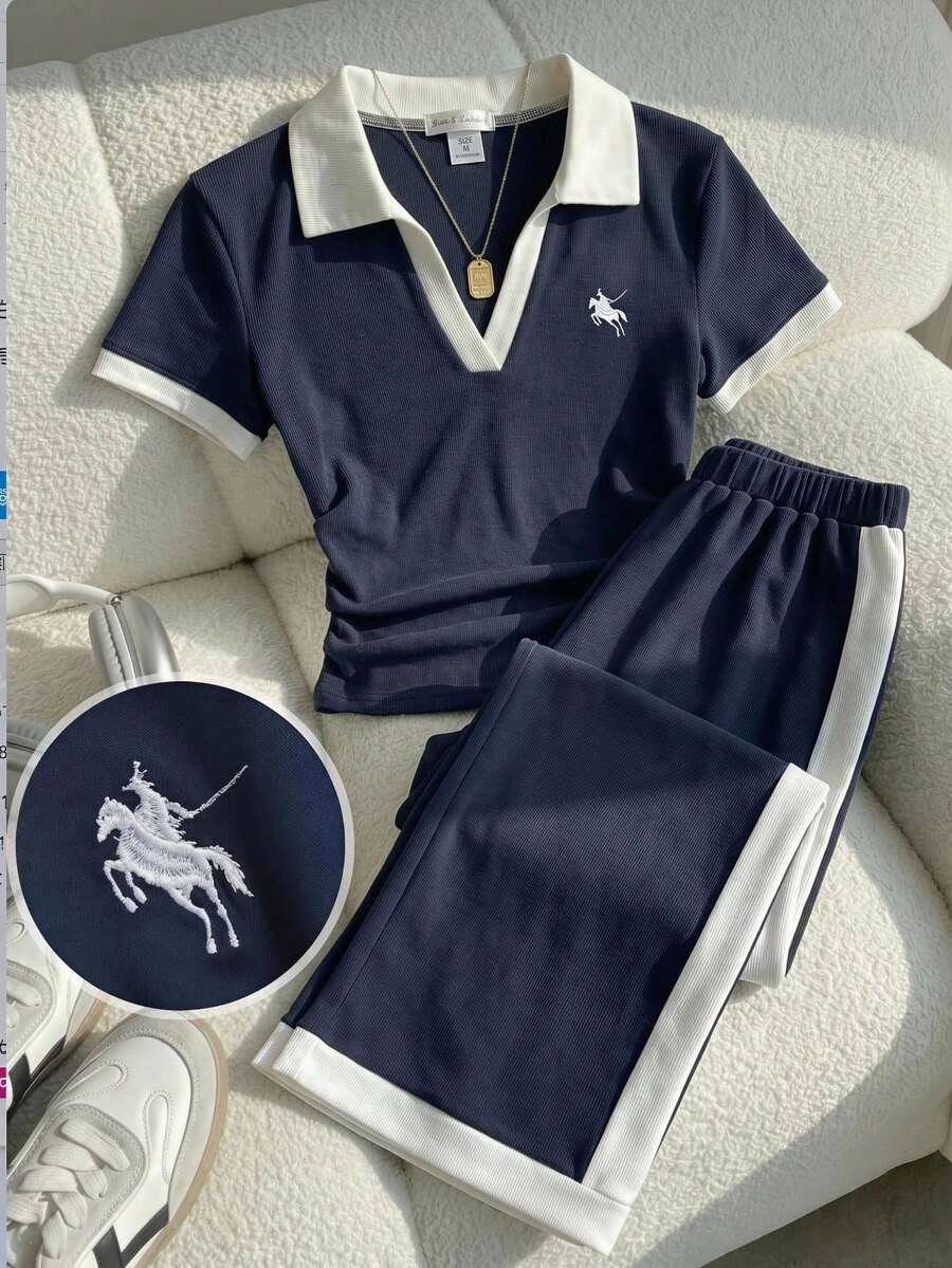 Girlism 青少年女孩 春夏款 皇家藍&白色拼接 小Logo刺繡 Polo領 修身短袖 抓皺腰線 針織 百搭簡約 學院風 兩件套 - 藍白色 - 查看 1