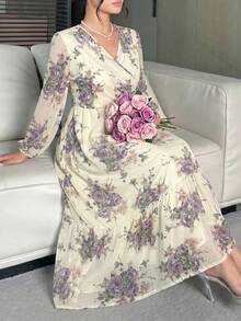 Modelyn Plus Size Women's V-Neck Floral Print Casual Romantic Celestial Party Birthday Dress Wedding White Fall - Apricot - View 1