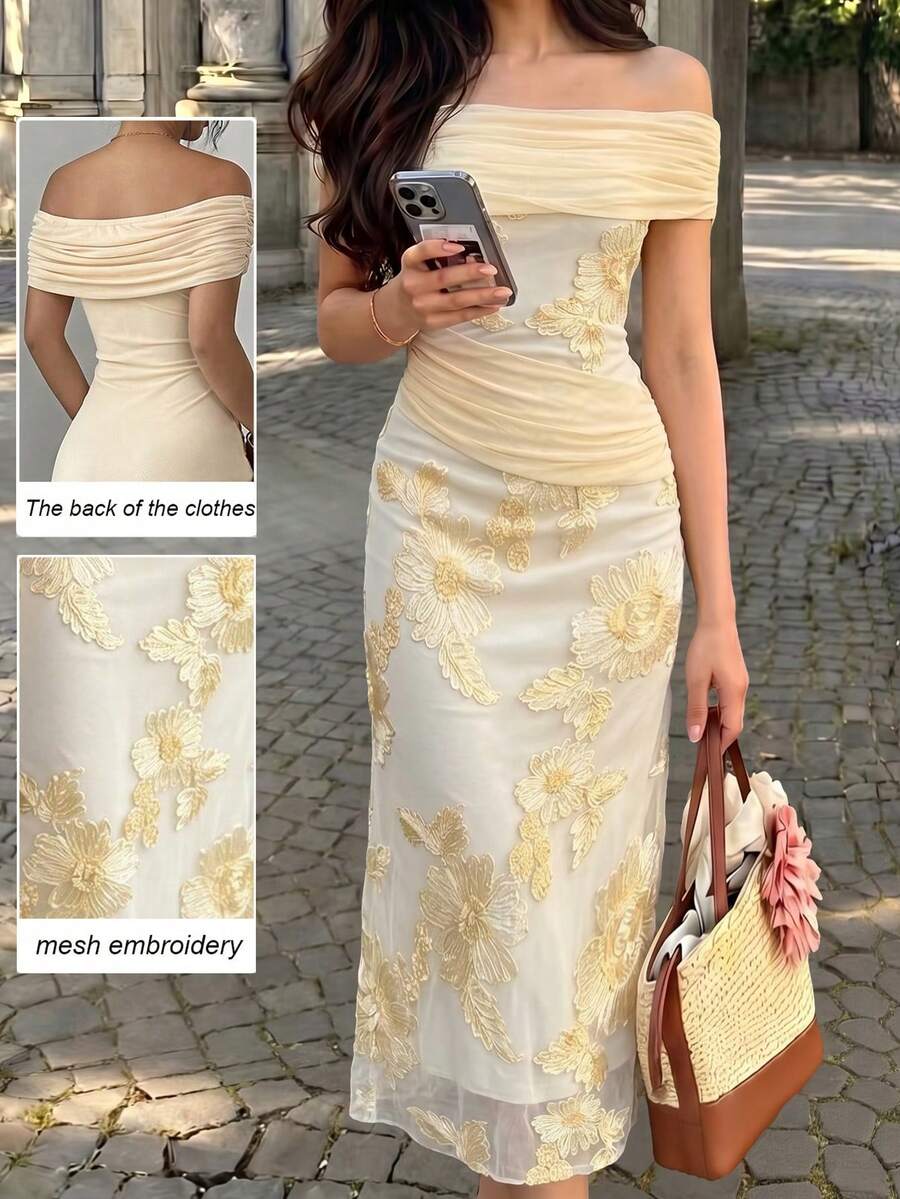 Modelyn Apricot Embroidered Contrast Mesh Off Shoulder Pleated Elegant Fashionable Date Night Midi Dress For Women