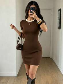 Selianne Gentle Elegant Brown Color Block Round Neck Short Sleeve Knit Bodycon Slimming Ribbed Mini Dress, Simple Versatile Commuter Hot Girl Style Dress - Multicolor - View 2